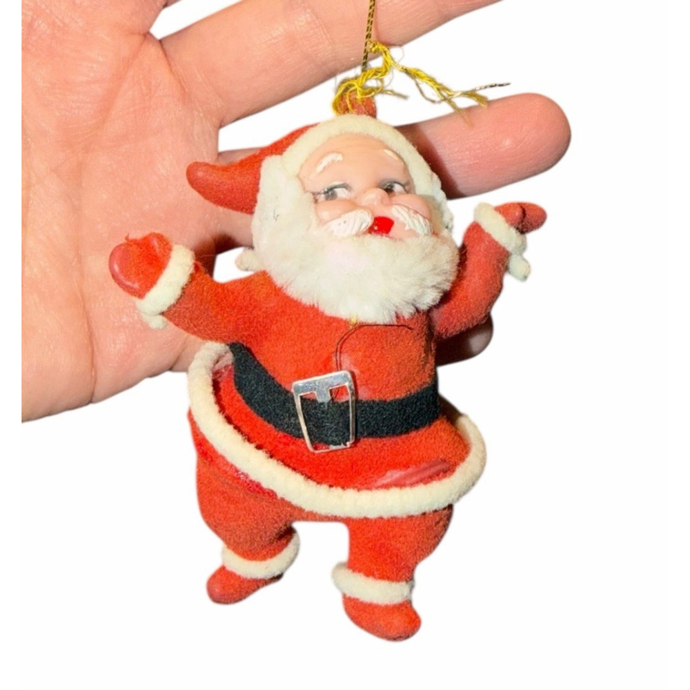 Vtg Flocked Pipe Cleaner Blow Mold Christmas Ornaments Santa Claus Kitschy Chic